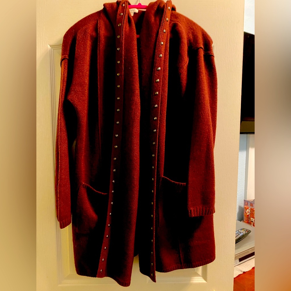Maroon embellished cardigan with hood